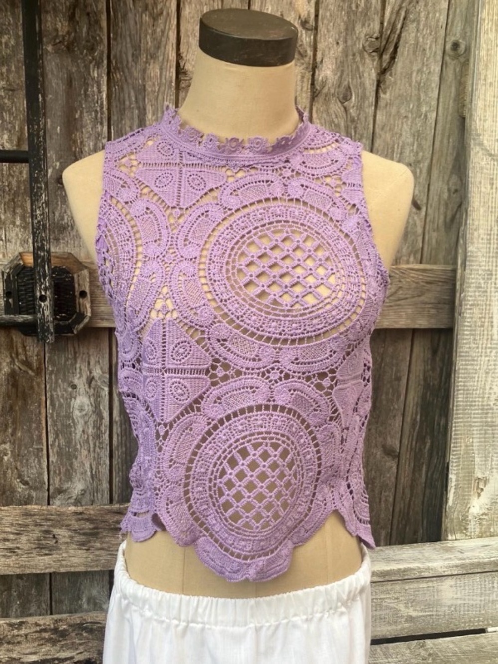 Lavender Crochet High-Neck Sleeveless Tank — Women's Lace Overlay Top